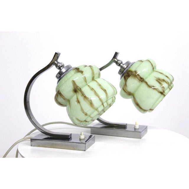 1930s Chrome-Plated Brass and Marbled Opal Glass Table Lamps, 1930s, Set of 2 For Sale - Image 5 of 15