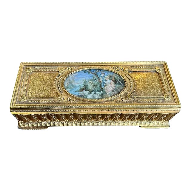 Late 19th Century Victorian French Gilt Brass Box With Hand Painted Porcelain Cartouche Inset For Sale