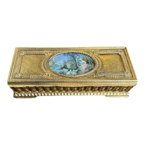 Late 19th Century Victorian French Gilt Brass Box With Hand Painted Porcelain Cartouche Inset