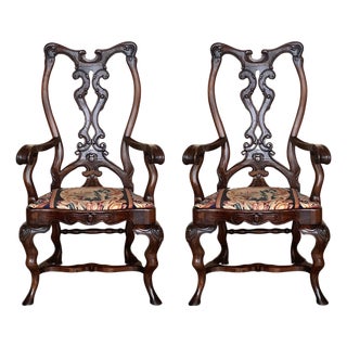 Pair of Gothic Chippendale Dining Armchairs in Solid Mahogany , 1890 For Sale