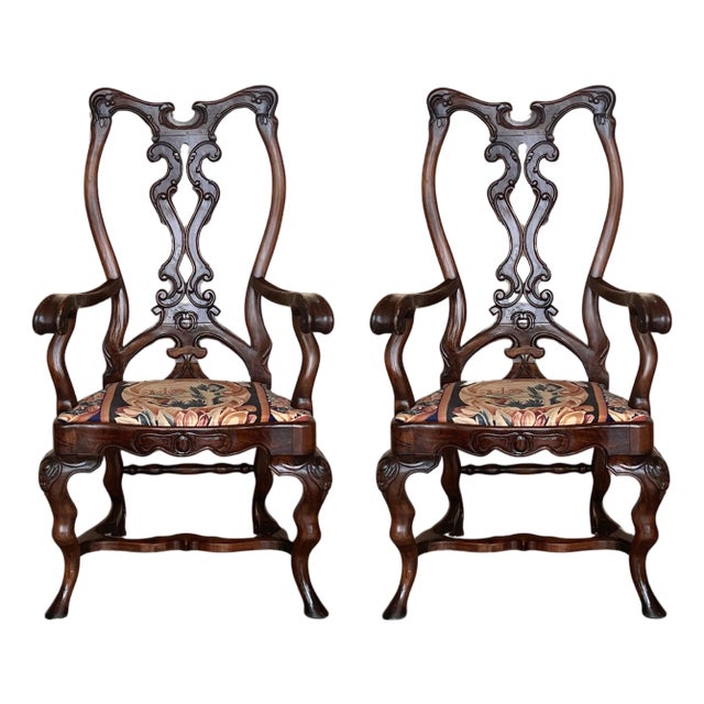 Pair of Gothic Chippendale Dining Armchairs in Solid Mahogany , 1890 For Sale