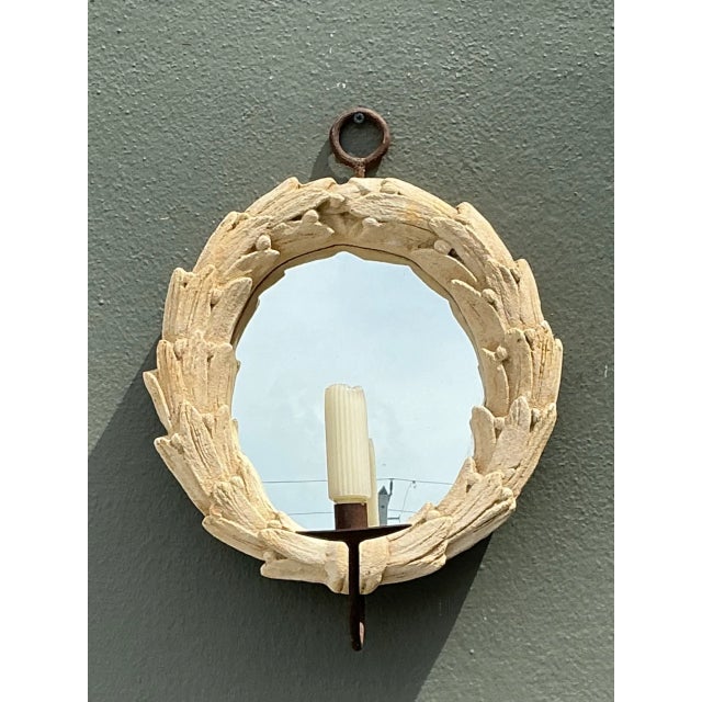 Mid 20th Century Vintage Laurel Leaf Wall Mirror With Candle Holder For Sale - Image 5 of 12