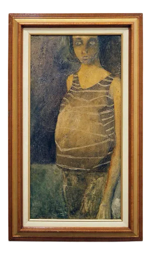 1953 Small Longitudinal Dark Toned Abstract Portrait of a Pregnant Woman by Pat Colville