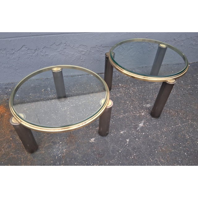 Vintage Hollywood Regency Brass Tone/ Glass Round Coffee Tables by Dia a - Pair For Sale - Image 12 of 12