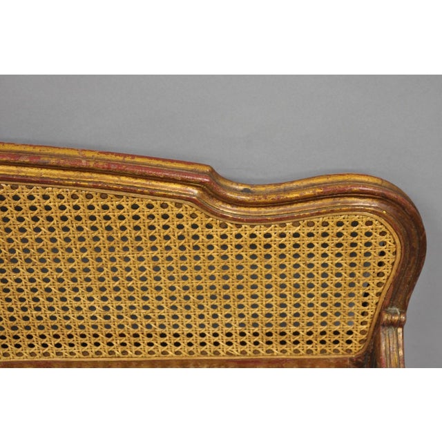 Gold Vintage French Louis XV Style Distressed Gold Gilt Cane Back Vanity Bench Seat For Sale - Image 8 of 18