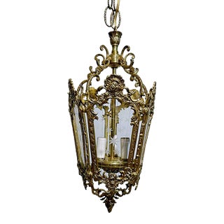 1930s Vintage Bronze Lantern With Etched Glass Panels For Sale