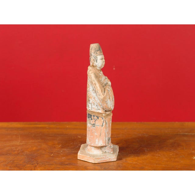 Peach Tang Dynasty Chinese Court Official Terracotta Sculpture with Original Paint For Sale - Image 8 of 12