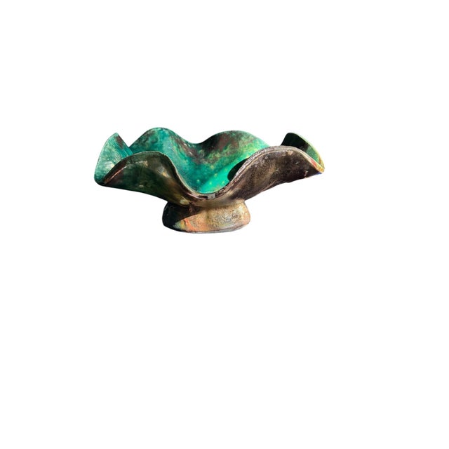 Green Late 20th Century Ruffled Raku Signed Pottery Bowl For Sale - Image 8 of 18