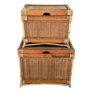Pair Shabby Chic Rattan Trunks, Large and Small For Sale