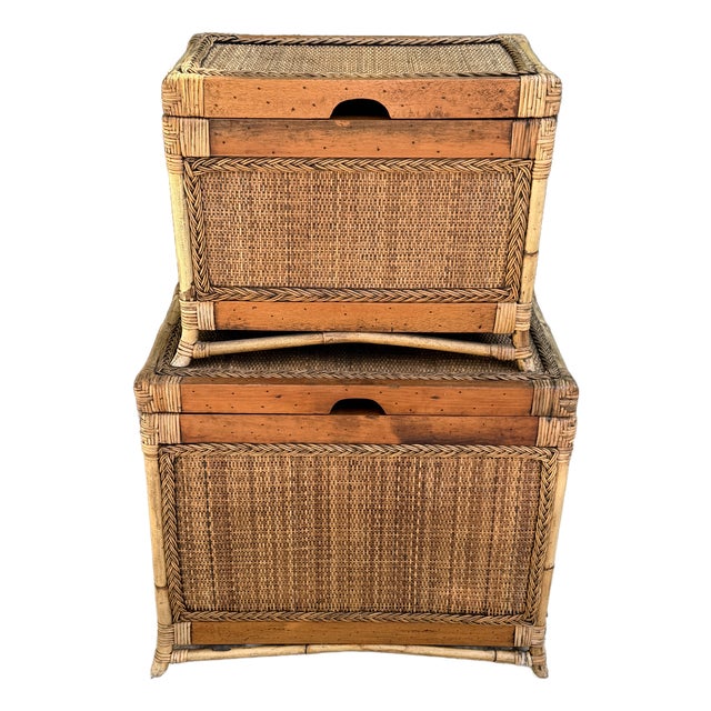 Pair Shabby Chic Rattan Trunks, Large and Small For Sale