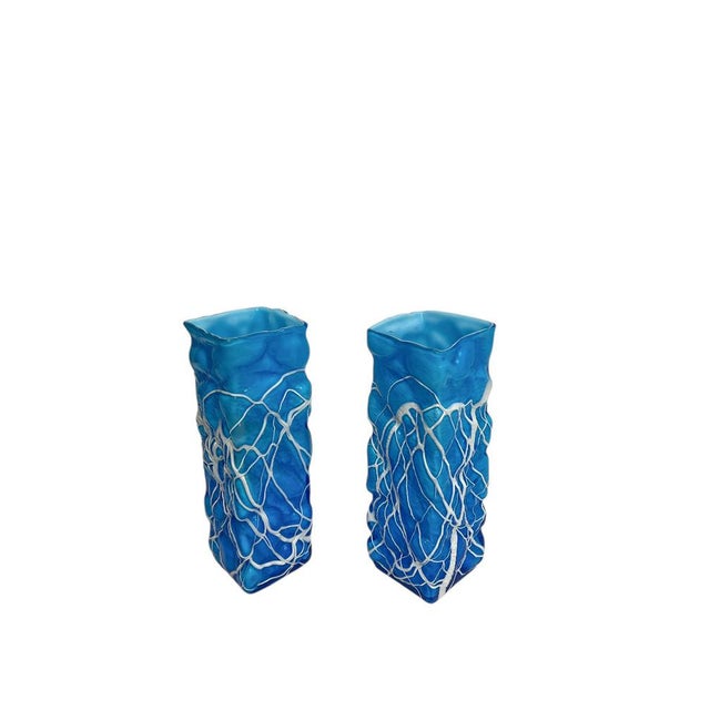 1980s Hand-Blown Blue Art Glass Vases with White Trailing, 1980s, Set of 2 For Sale - Image 5 of 11
