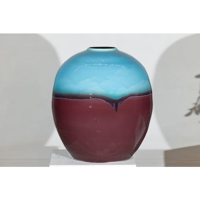 Large Artisan Ceramic Vase with Turquoise Crackle Glaze and Deep Brown Ground For Sale - Image 10 of 18