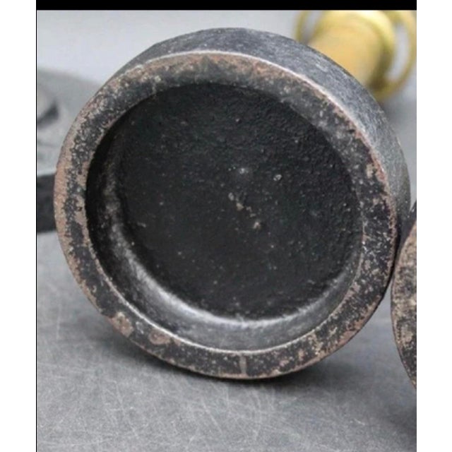 1930 Antique 5 Piece Brass Candlestick Holders With Colorful Glass Shades & Cast Iron Bases. For Sale - Image 9 of 9