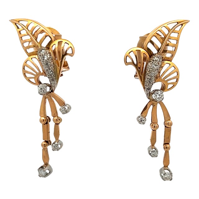 1960s Mid-Century Two-Tone Gold Diamond Leaf Drop Earrings, A Pair For Sale