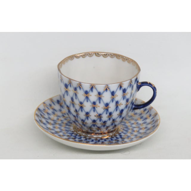 Lomonosov Demitasse Cobalt Net Blue Bone China Tea Cup and Saucer Set 4652b For Sale - Image 10 of 14