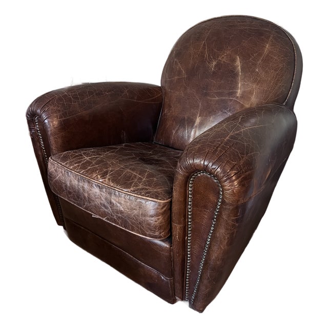 Pottery Barn Stanford Distressed Brown Leather Armchair For Sale