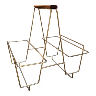 Mid Century Modern Gold Metal Music Record Holder Magazine Rack With Walnut Handle For Sale