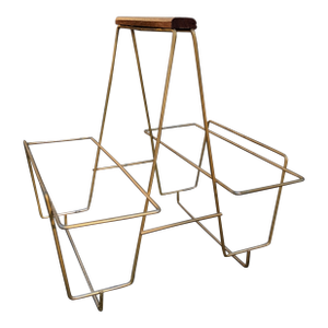Mid Century Modern Gold Metal Music Record Holder Magazine Rack With Walnut Handle