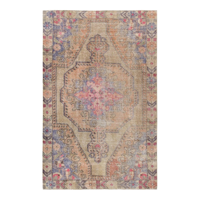 Vintage Oushak Beige Wool Area Rug, 4' 4'' X 7' 0'' For Sale