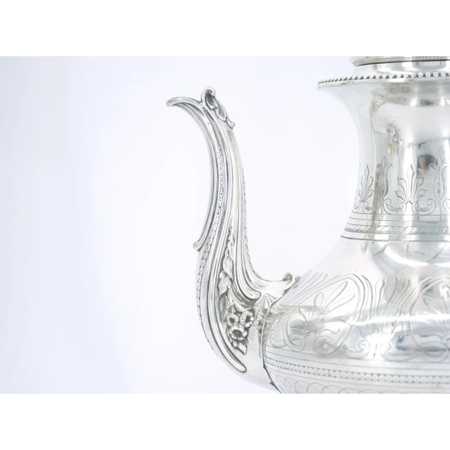 English Silver Plate Four Piece Tea / Coffee Service / Exterior Engraved Details For Sale - Image 12 of 13