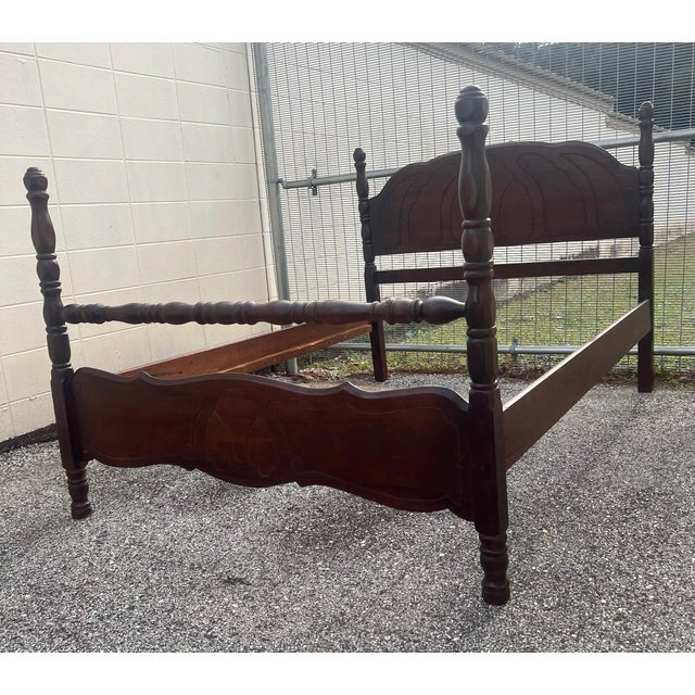 Vintage Carved Full Size Low Poster Bed Frame | Chairish