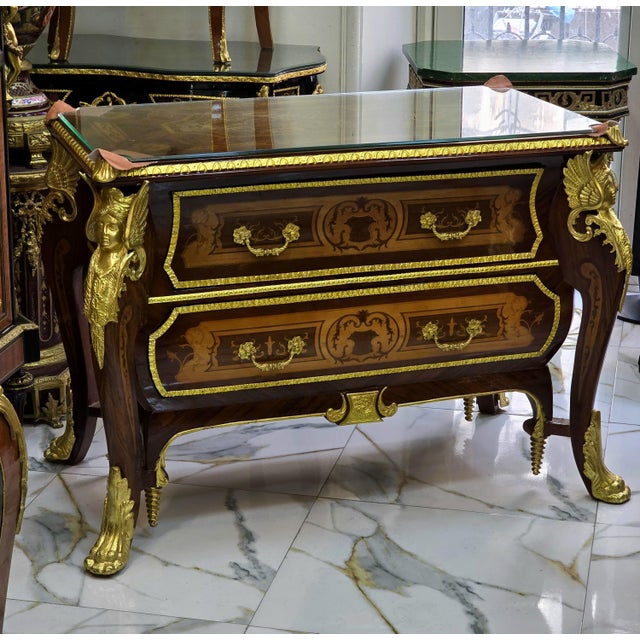 Traditional Ornate French Empire-Style Commode – Floral Marquetry Cabinet With Marble Top & Gilt Bronze Accents For Sale - Image 3 of 3