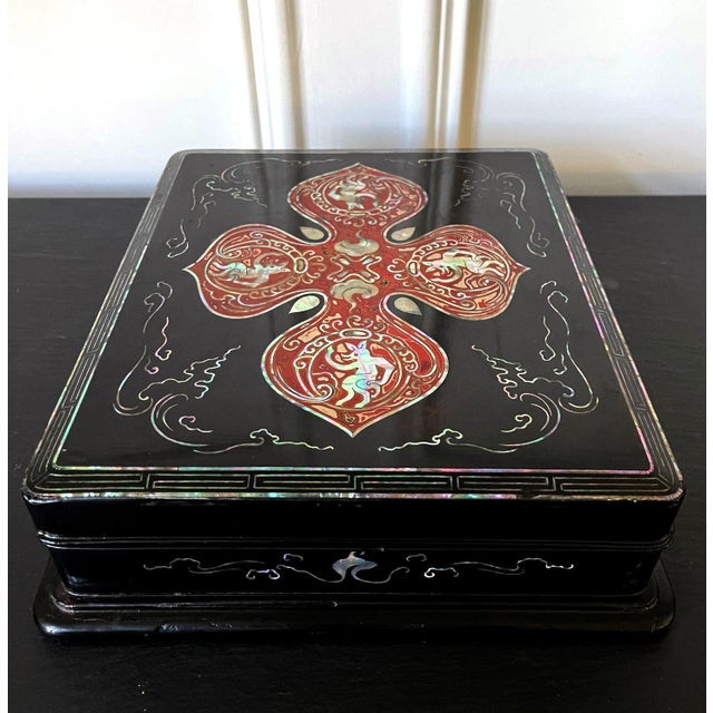 Unusual Japanese Lacquer Inkstone Box with MOP Inlays For Sale - Image 13 of 16