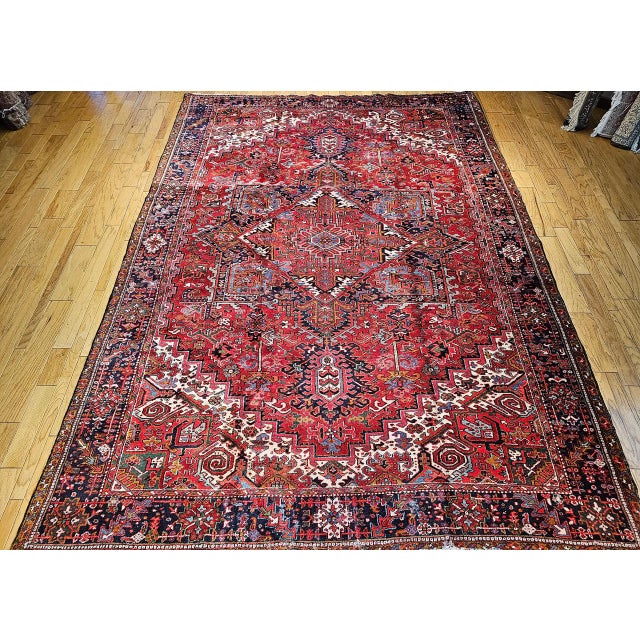 Vintage Oversized Persian Heriz Rug, Hand-Knotted Wool, Geometric Pattern, Red & Navy, 12x16 For Sale - Image 10 of 10