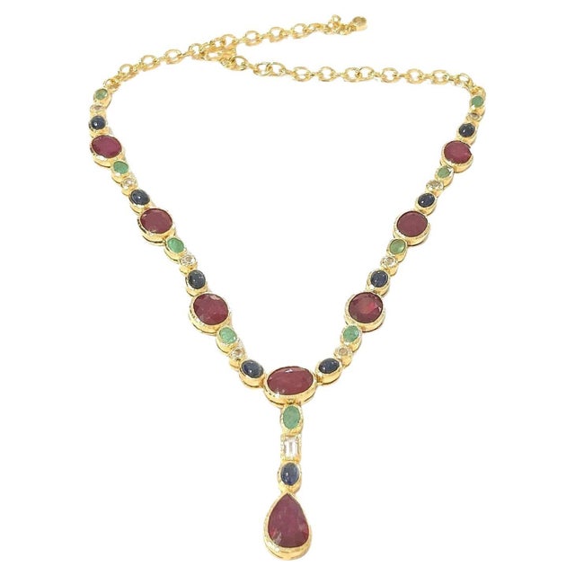 Baroque Bochic "Capri" Vintage Ruby, Sapphire & Emerald Necklace - 18K Gold & Silver For Sale - Image 3 of 18