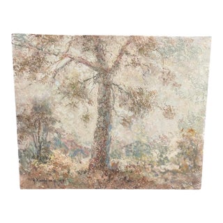 1950s Painting: Woodland Landscape With Centered Tree and Impressive Texture For Sale