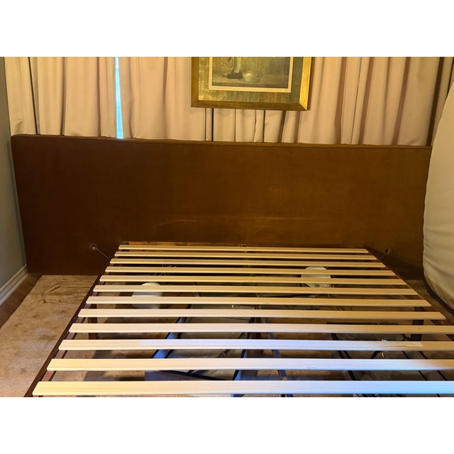 Custom Wall to Wall Velvet Headboard and Walnut King Sized Bed Frame For Sale - Image 9 of 13