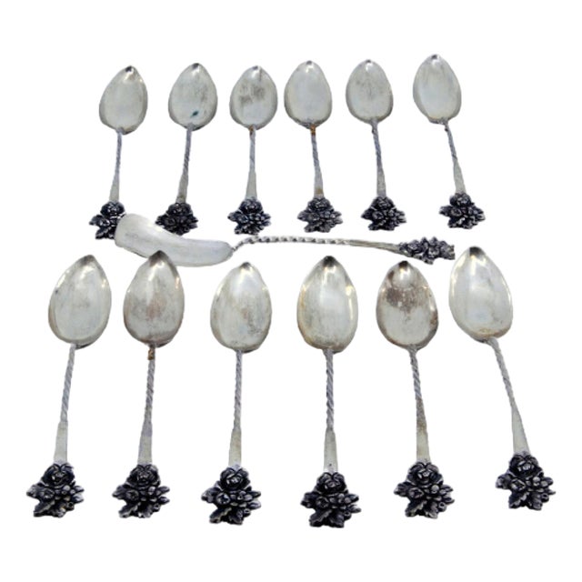 Spiral Silver Coffee Spoons and Sugar Shovel with Flower-Shaped Handle Reliefs, Set of 12 For Sale