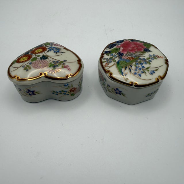 Vintage Shibata Japan Porcelain Trinket Box Set Heart & Hexagon Floral Gold Trim For Sale - Image 4 of 10