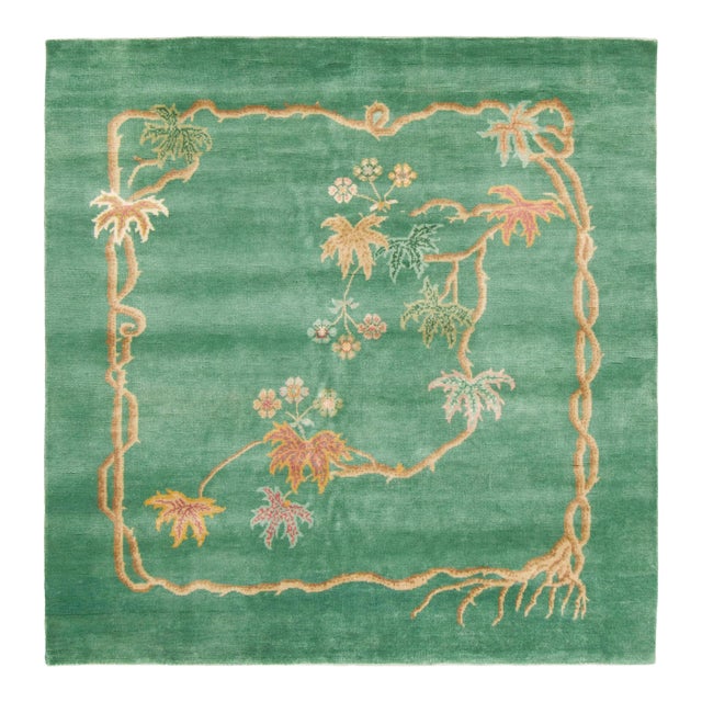Contemporary Chinese Deco Style Green Floral Square Wool Rug by Rug & Kilim For Sale