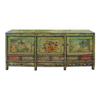 Chinese Distressed Light Green Long Sideboard Console Table Cabinet For Sale