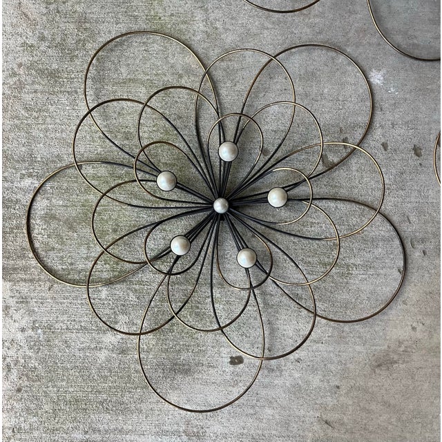 Contemporary Mid-Century Style Set of 3 Gold & Black Faux Pearl Wire Flower Wall Hangings For Sale - Image 4 of 10