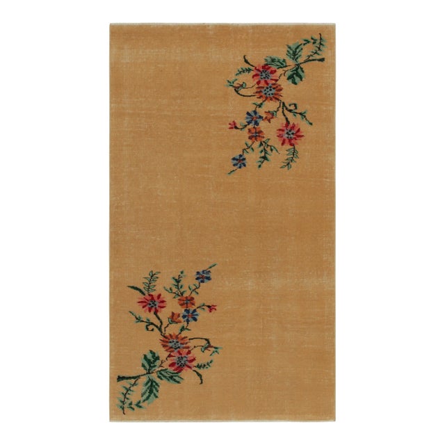 1960s Vintage Distressed Art Deco Rug in Golden-Brown With Colorful Floral For Sale