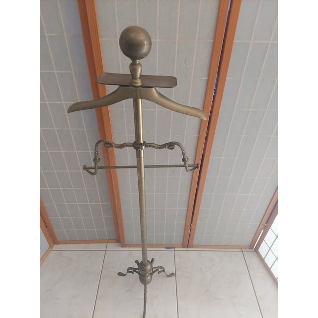 Vintage Art Deco Brass Gentleman's Valey Stand With Cannon Ball 1950's- 1960's Garment Rack. For Sale - Image 14 of 14
