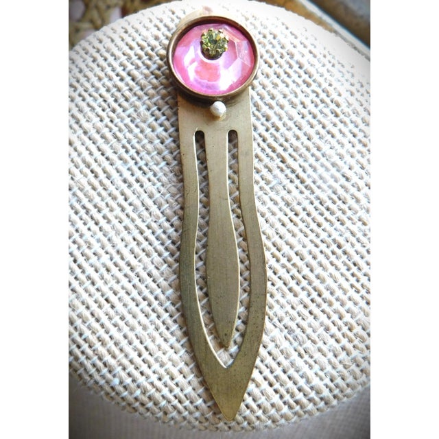 Metal Vintage Art Deco Bookmark, Large Pink Crystal Stone, Four Seed Pearls For Sale - Image 7 of 7