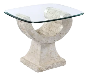 Curved Tessellated Stone Base End Table With Glass