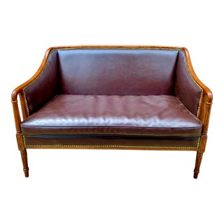 Late 20th Century Vintage Small Leather Nail Head Trim Settee For Sale