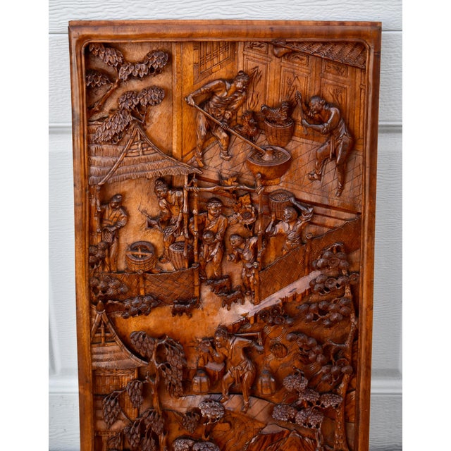 Antique Chinese Hand Carved Wood Relief Wall Panel Plaque Figural Rural Life For Sale - Image 9 of 13