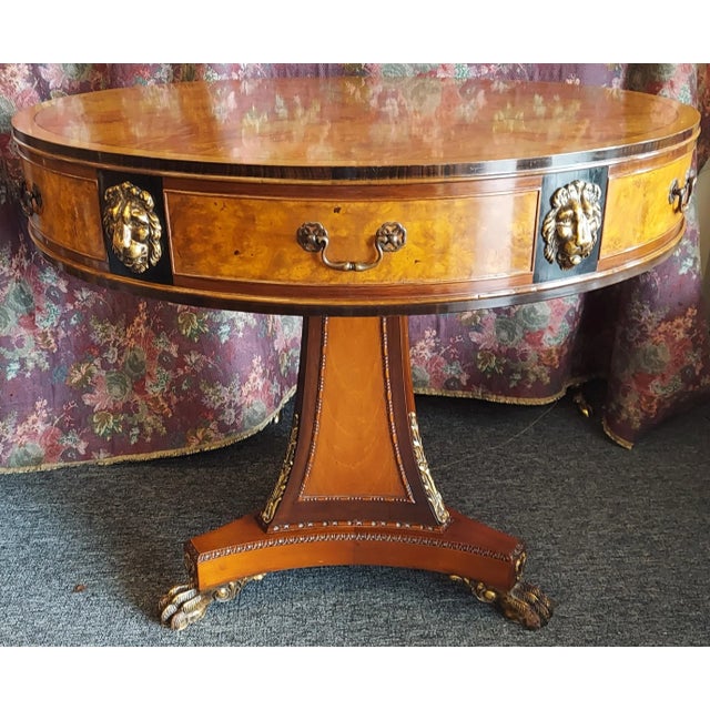 Hollywood Regency 1920's Joseph Gerte Parcel Gilt Mahogany & Burlwood Drum Table For Sale - Image 3 of 12