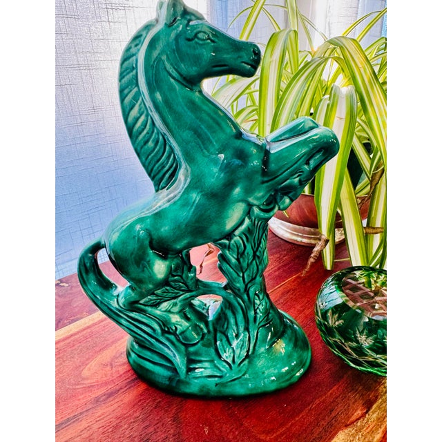 Vintage Emerald Green Ceramic Rearing Horse Sculpture For Sale - Image 4 of 8