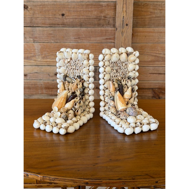 Wood Pair Vintage Handcrafted Coastal Seashell Encrusted Coastal Bookends For Sale - Image 7 of 12