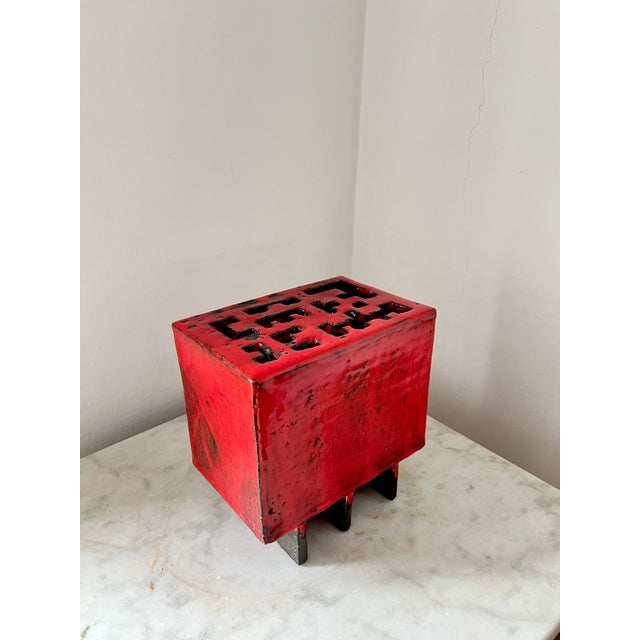 Asian Style Red Ceramic Flower Vase with Floral Insert Holes, 1970s For Sale - Image 11 of 11