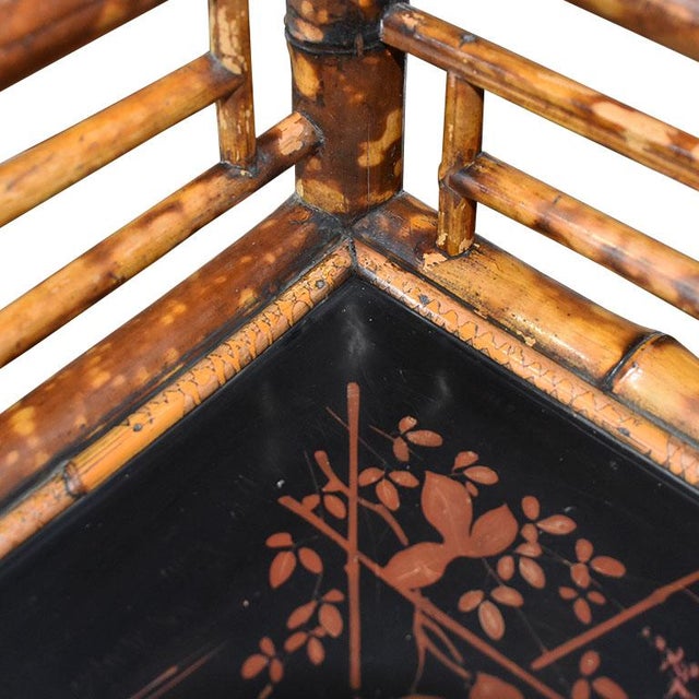 Black Chinoiserie Japanned English Pagoda Bamboo Standing Corner Shelf or Etagere For Sale - Image 8 of 11