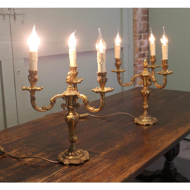 1930s Large Brass Three Branch Table Lamps Candelabra, 1930, Set of 2 For Sale - Image 5 of 9