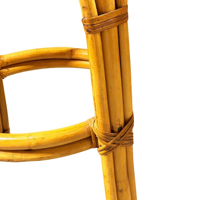 Yellow Restored MCM Single Stand Arched Rattan Bar Stool W/ Bark Cloth Seat, Pair For Sale - Image 8 of 8