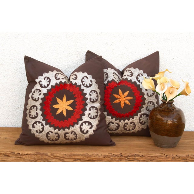 Pair of 18" Orange Flower Suzani Pillow Covers For Sale - Image 9 of 9